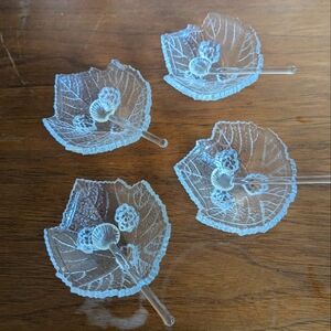 4 Vintage Fostoria Grape Leaf Salt Cellar Dishes with Spoons